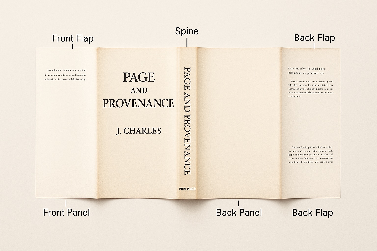 Dust jacket anatomy diagram showing front panel, spine, back panel, and flaps